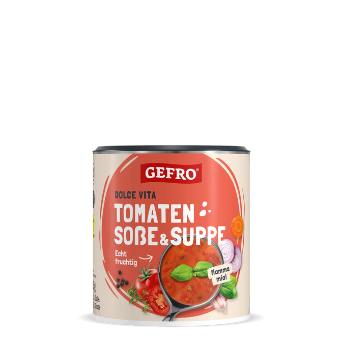 Dose Gefro Dolce Vita Tomaten Soße & Suppe mit rotem Etikett und Abbildung von Tomaten, Basilikum und Suppe.