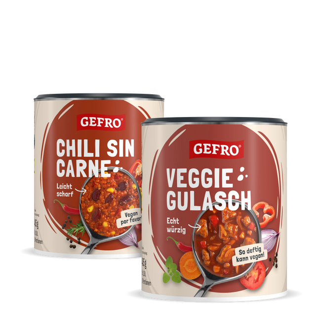 Zwei GEFRO Dosen mit Fertiggerichten: Chili sin Carne und Veggie Gulasch, frontal als Produktabbildung gezeigt