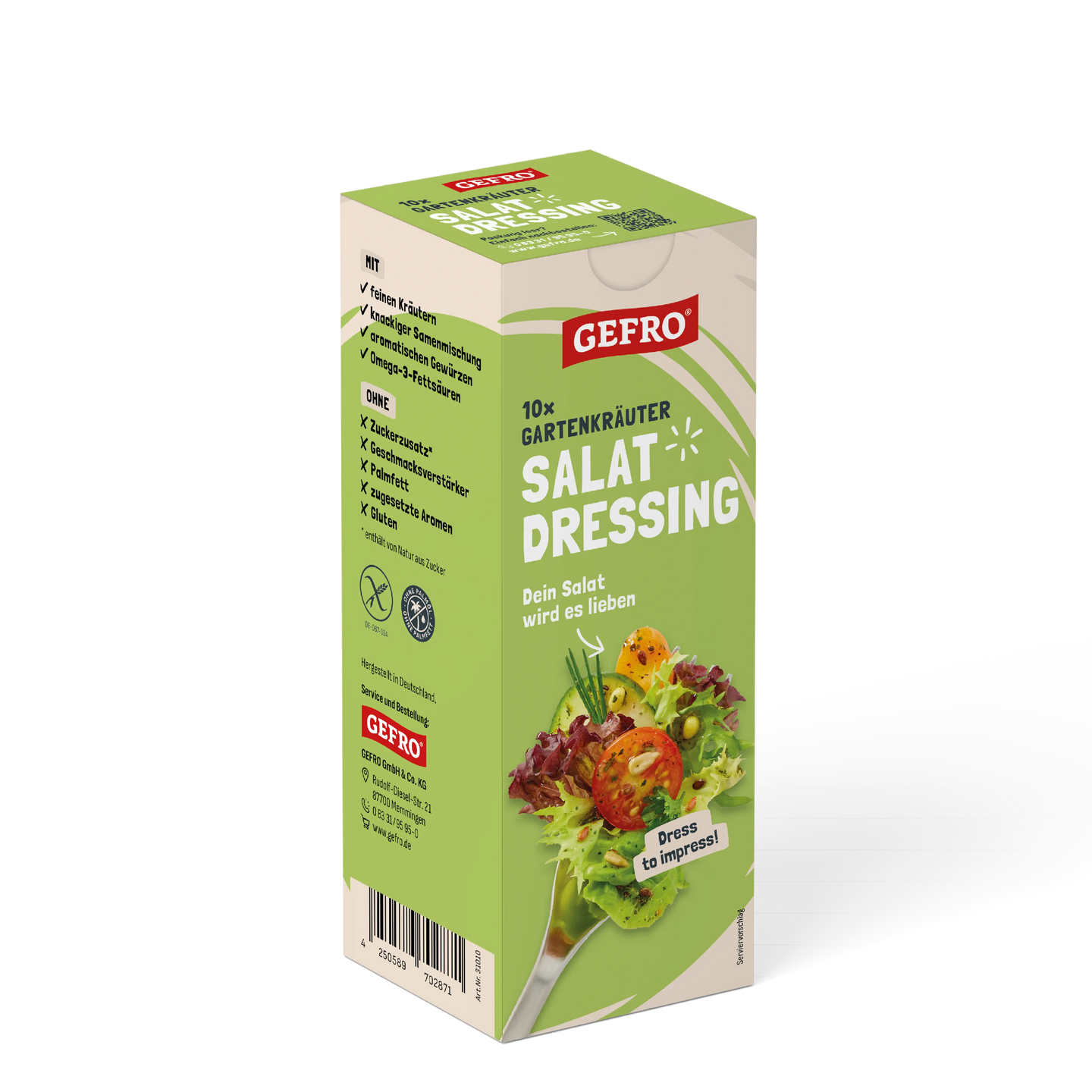 Grüne Packung GEFRO Salat Dressing mit Gartenkräutern, vorne mit abgebildetem Salat auf einer Gabel.