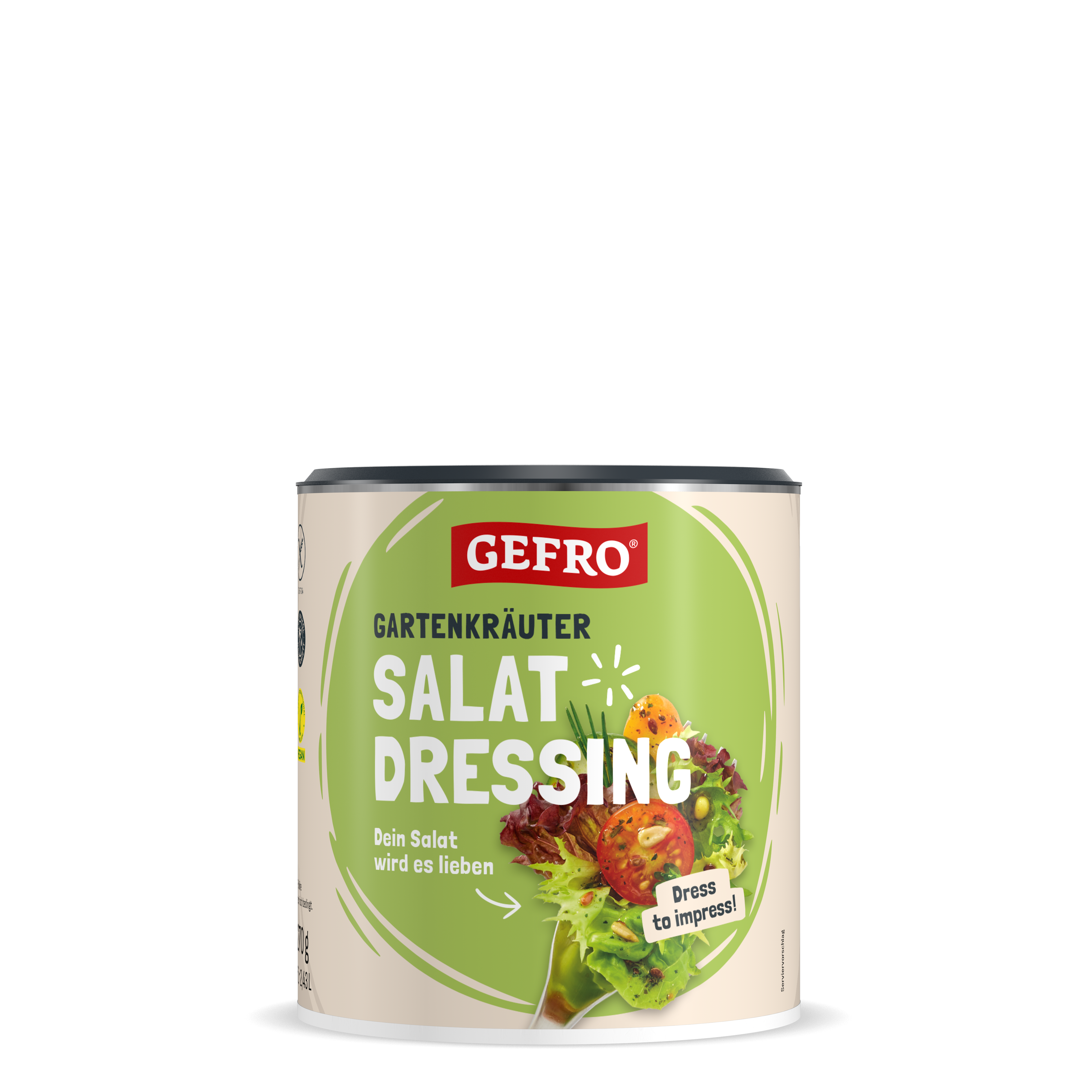Dose Gefro Gartenkräuter Salat Dressing mit grünem Etikett und Salatmotiv auf schwarzem Hintergrund