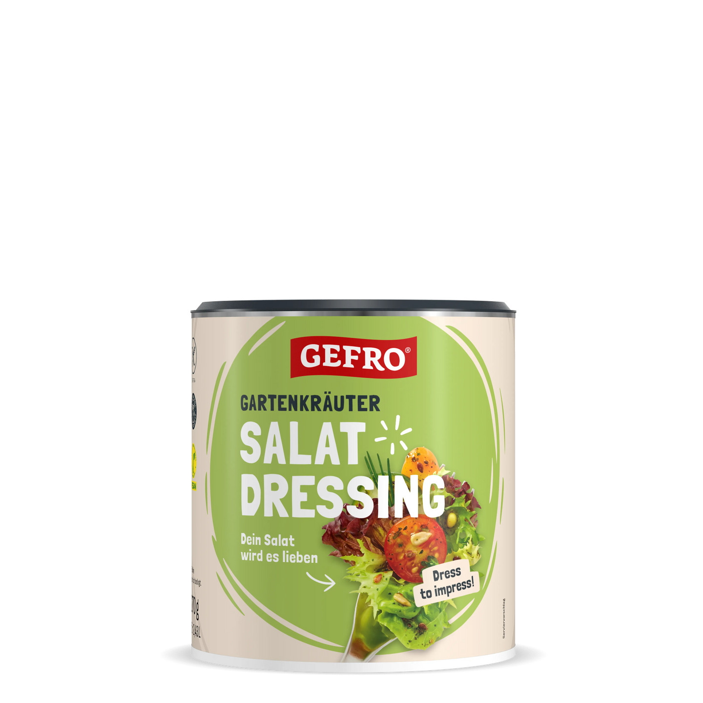 Dose GEFRO Gartenkräuter Salat Dressing mit grünem Etikett und Salatmotiv, geeignet zum Würzen von Salaten