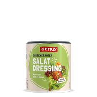 Dose GEFRO Gartenkräuter Salat Dressing mit grünem Etikett und Salatmotiv, geeignet zum Würzen von Salaten