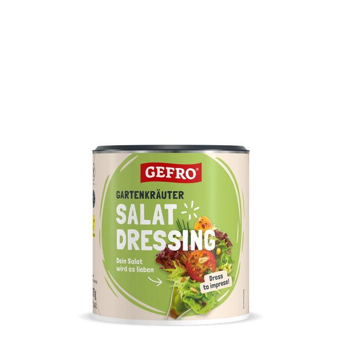 Dose GEFRO Gartenkräuter Salat Dressing mit grünem Etikett und Salatmotiv, geeignet zum Würzen von Salaten