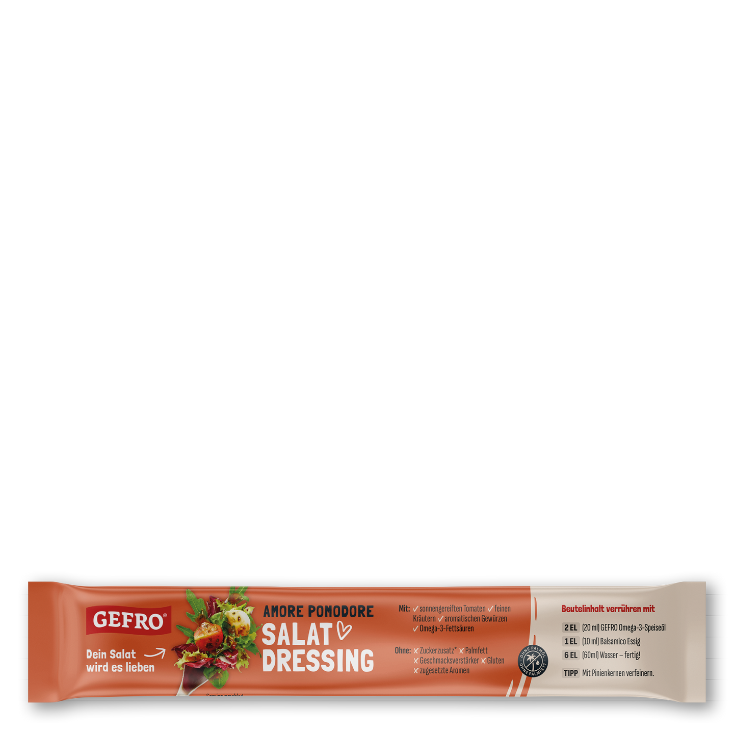 GEFRO Amore Pomodore Salat-Dressing im Beutel, orange Verpackung mit Salatmotiv und Zubereitungshinweis