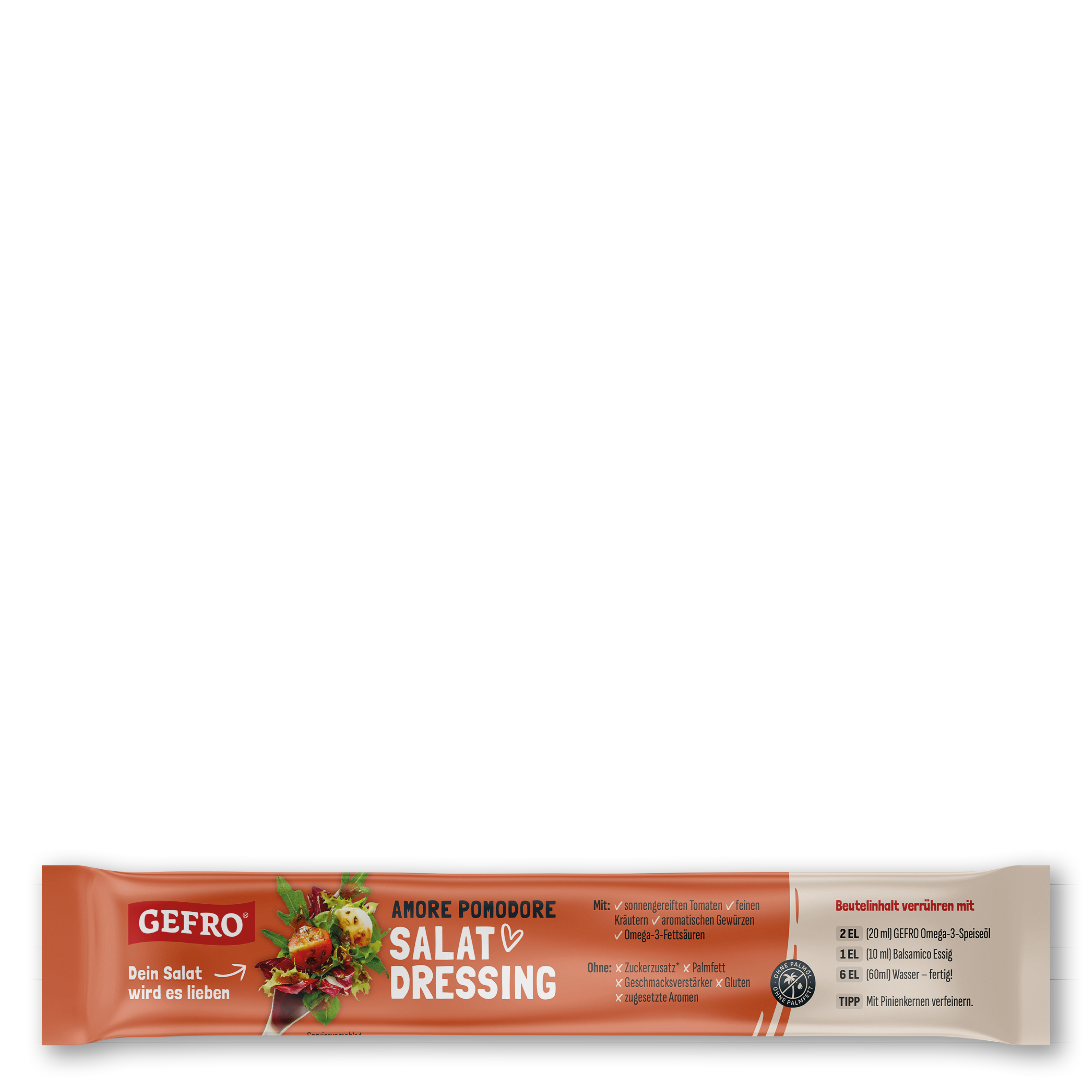 GEFRO Amore Pomodore Salat-Dressing im Beutel, orange Verpackung mit Salatmotiv und Zubereitungshinweis