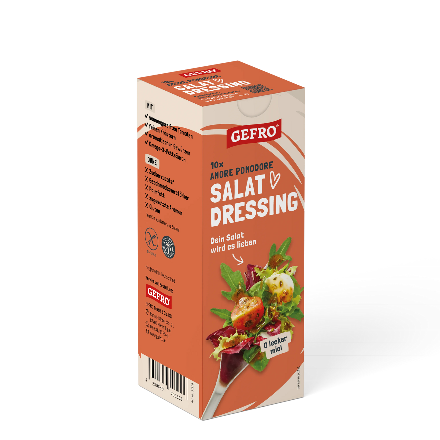 Orange Packung GEFRO Salat Dressing Amore Pomodore, 10 Portionen, mit Salatmotiv auf der Vorderseite