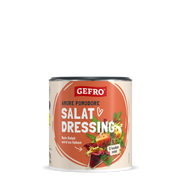 Dose GEFRO Amore Pomodore Salat Dressing mit orangefarbenem Etikett und Salatabbildung auf schwarzem Hintergrund