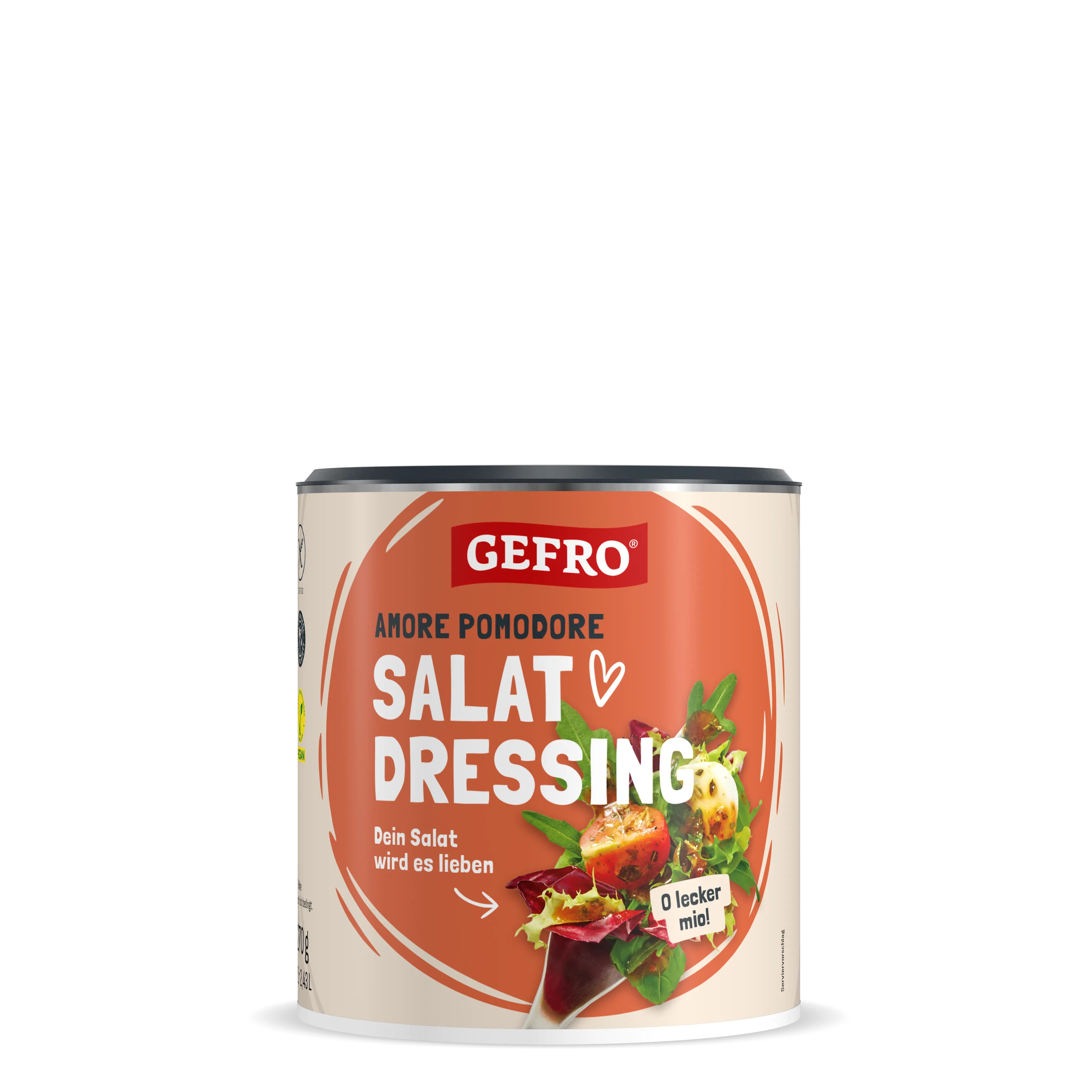 Dose GEFRO Amore Pomodore Salat Dressing mit orangefarbenem Etikett und Salatabbildung auf schwarzem Hintergrund