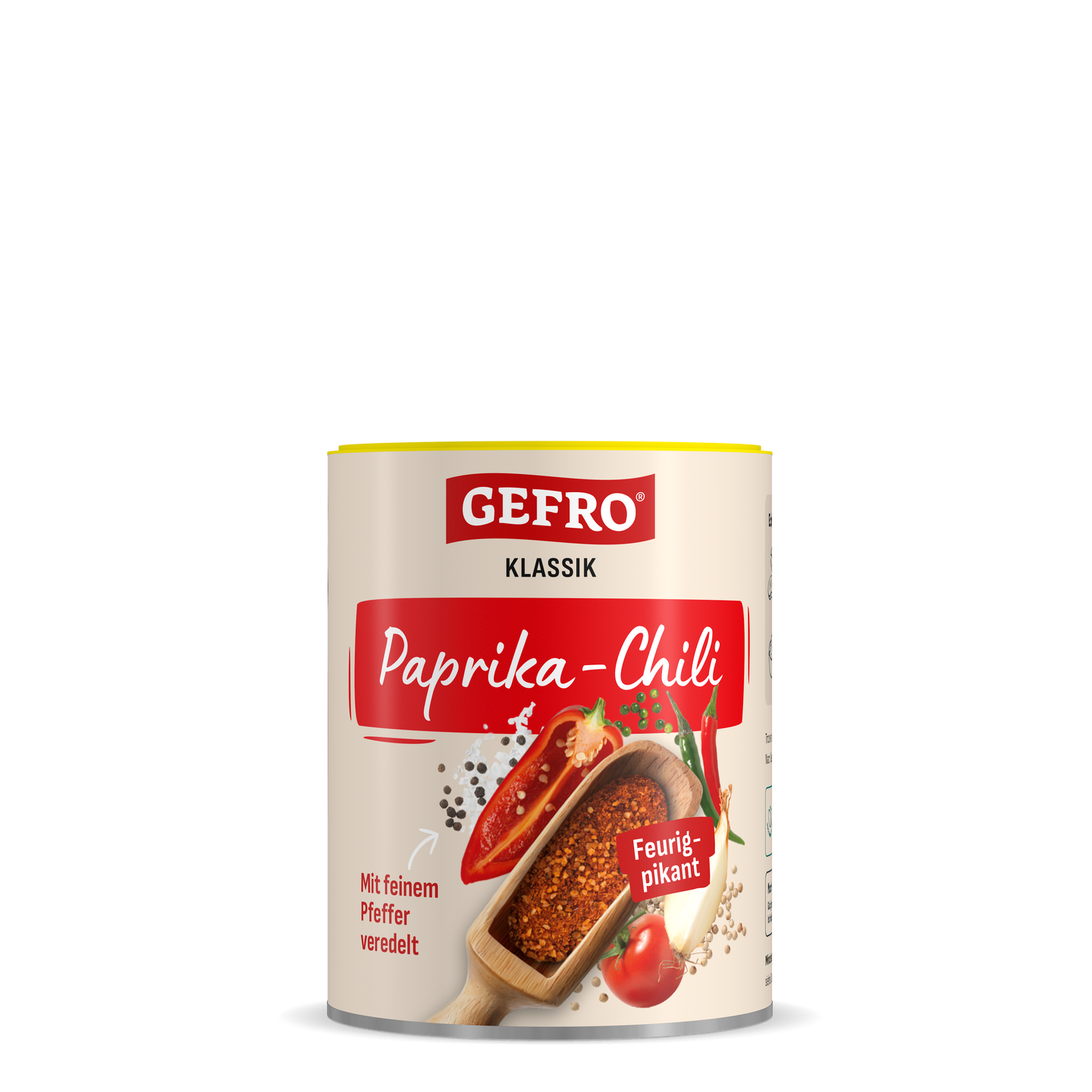 Dose GEFRO Klassik Paprika-Chili mit rotem Etikett und Gewürzmotiv, feurig pikant für würzige Speisen