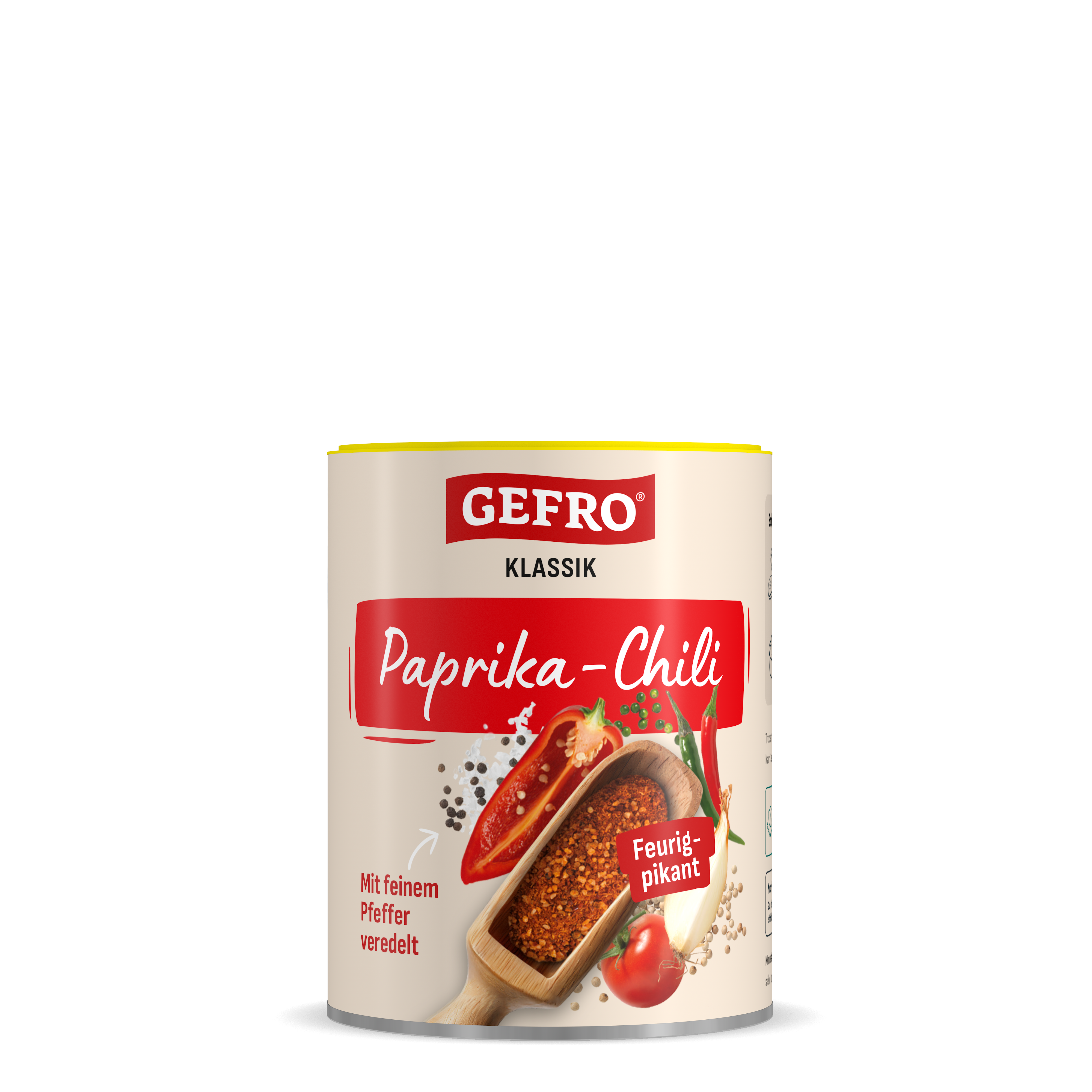 Dose GEFRO Klassik Paprika-Chili mit rotem Etikett und Gewürzmotiv, feurig pikant für würzige Speisen