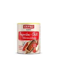 Dose GEFRO Klassik Paprika-Chili Würzmischung, Vorderansicht, feurig-pikant mit Paprika, Chili und Pfeffer dargestellt