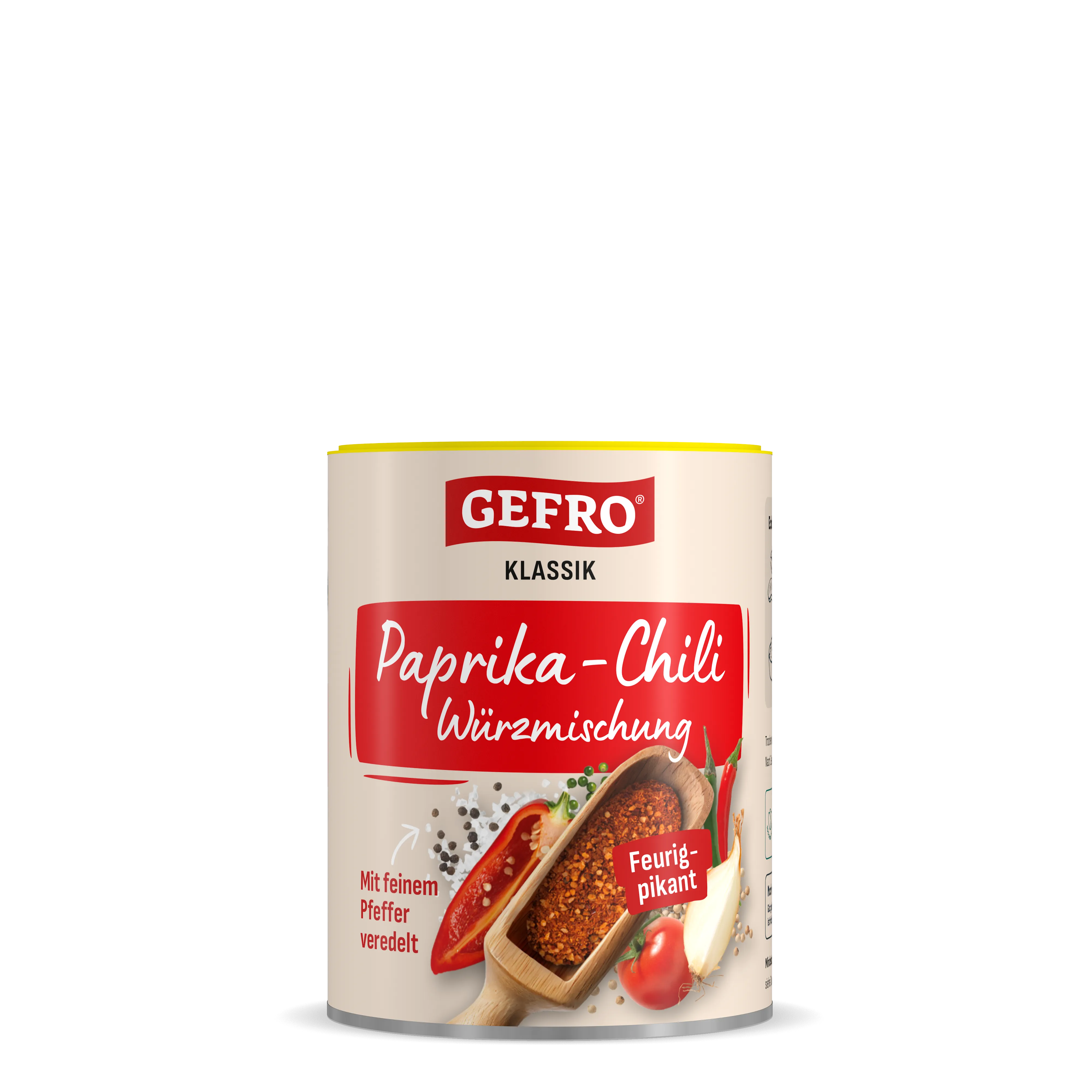 Dose GEFRO Klassik Paprika-Chili Würzmischung, Vorderansicht, feurig-pikant mit Paprika, Chili und Pfeffer dargestellt