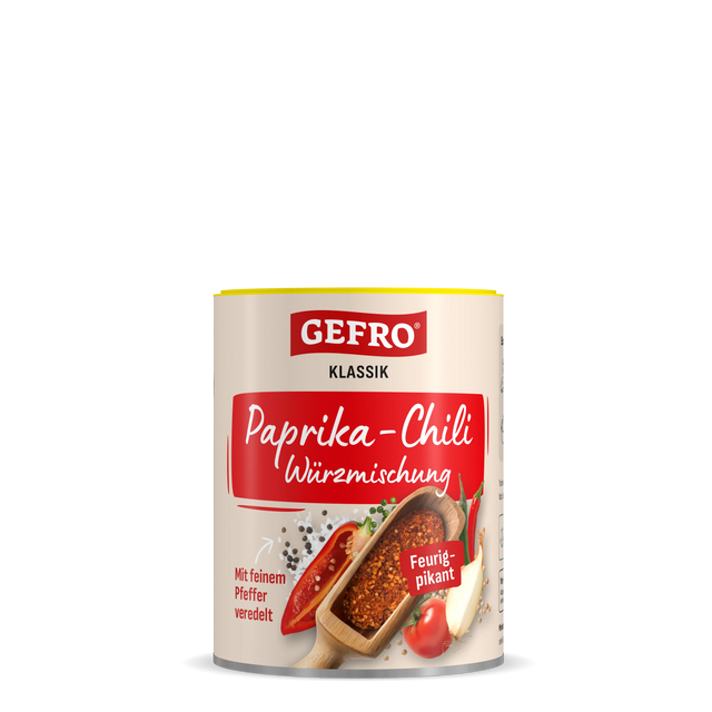 Dose GEFRO Klassik Paprika-Chili Würzmischung, Vorderansicht, feurig-pikant mit Paprika, Chili und Pfeffer dargestellt