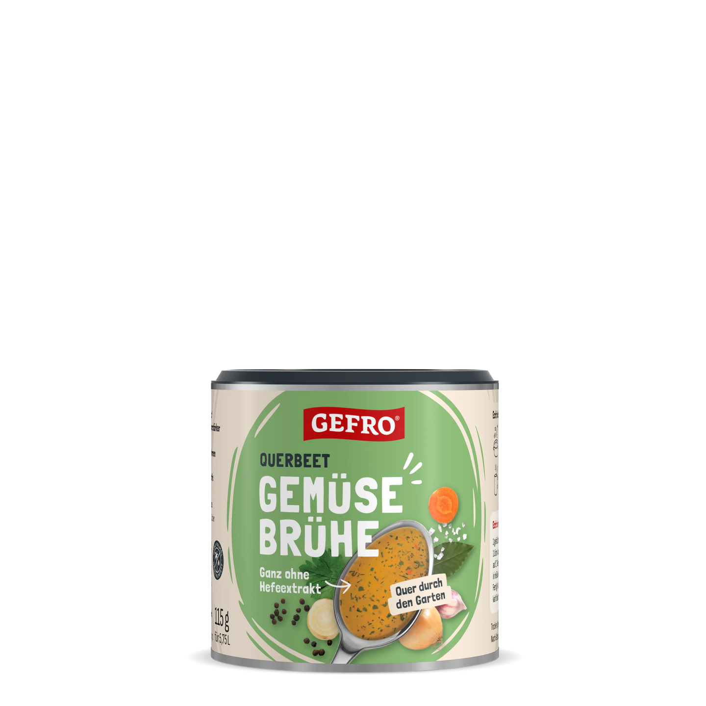 Dose GEFRO Querbeet Gemüsebrühe mit grünem Etikett und Abbildung einer Brühe mit Gemüsezutaten vorne drauf