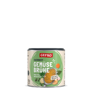 Dose Gefro Querbeet Gemüsebrühe mit grünem Etikett und Löffel Suppe, für Brühe und zum Würzen von Speisen