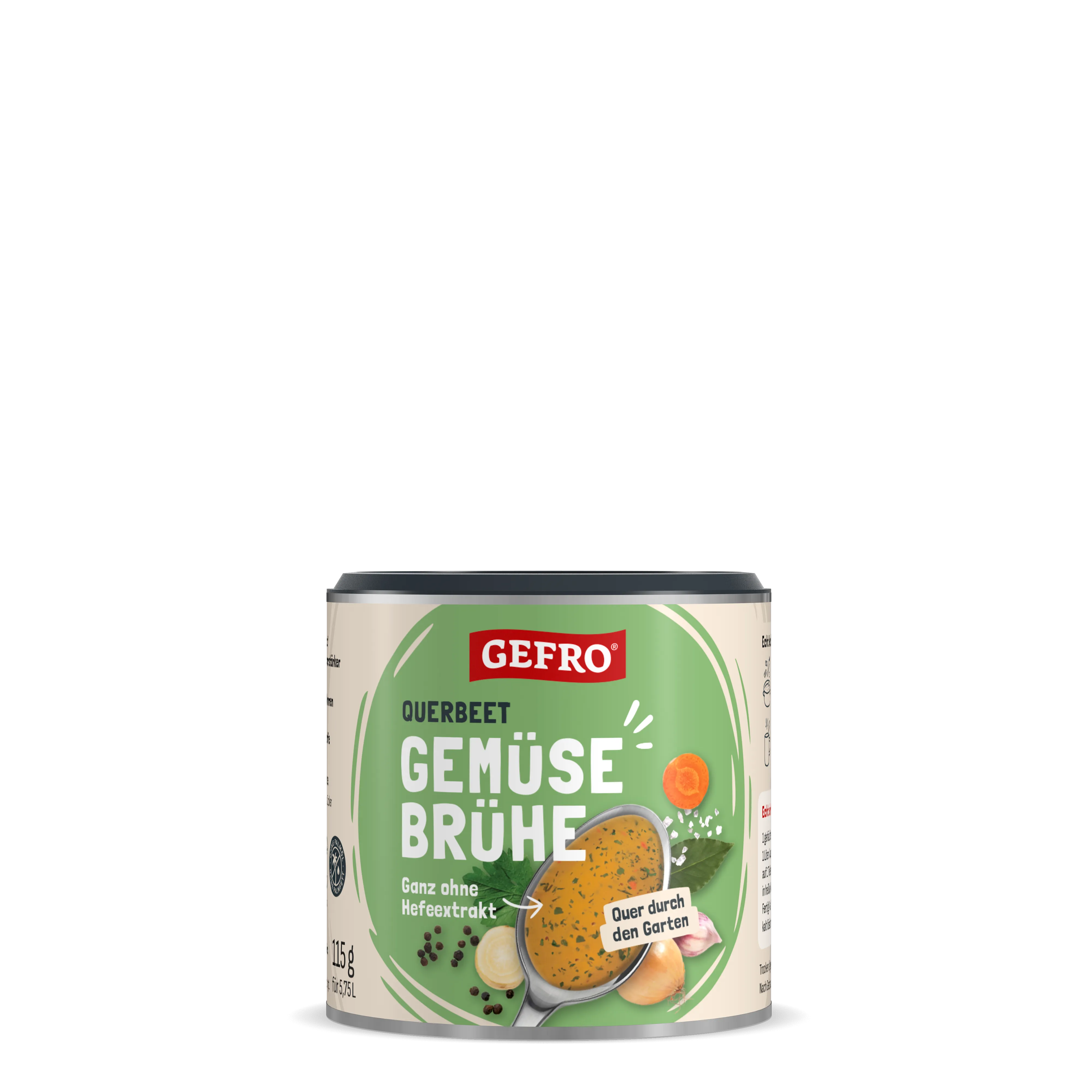 Dose GEFRO Querbeet Gemüsebrühe mit grünem Etikett und Abbildung einer Brühe mit Gemüsezutaten vorne drauf