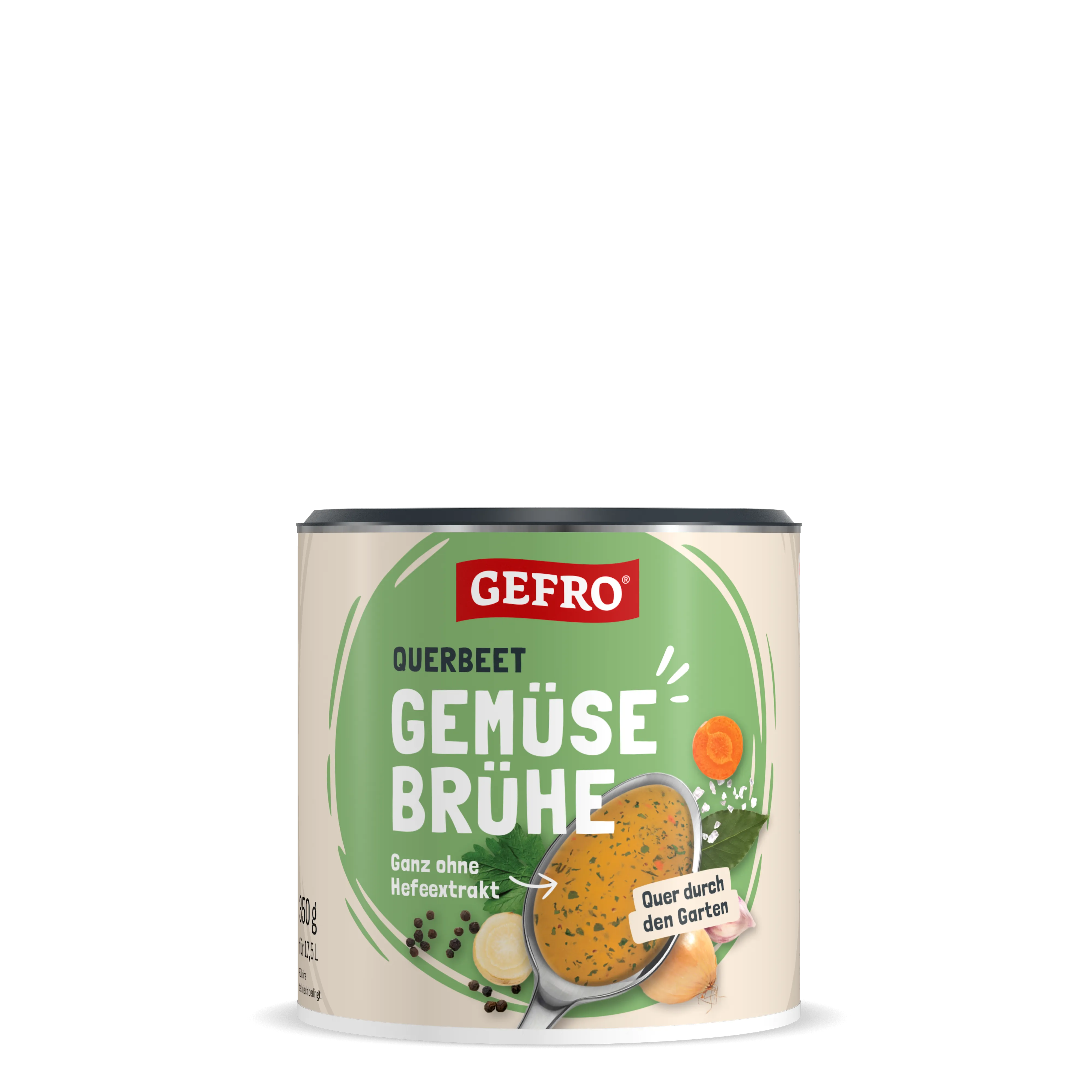 Dose Gefro Querbeet Gemüsebrühe mit grünem Etikett und Löffel Suppe, für Brühe und zum Würzen von Speisen