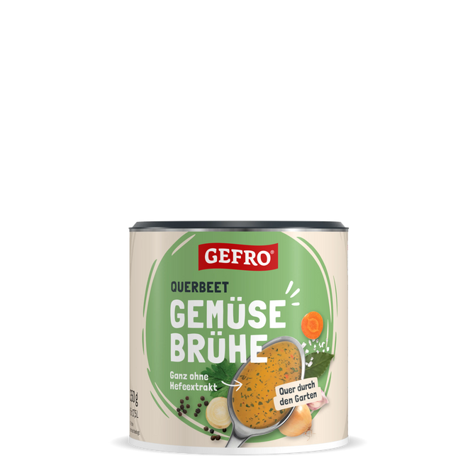 Dose Gefro Querbeet Gemüsebrühe mit grünem Etikett und Löffel Suppe, für Brühe und zum Würzen von Speisen