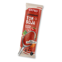 Rote Gefro Suppenpause Tom Soja Verpackung mit Tomatensuppe auf Löffel, fruchtig tomatig, ohne Zuckerzusatz