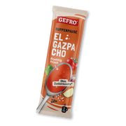 Orange GEFRO Verpackung für El Gazpacho Suppe, mit Löffel voll roter Suppe und Hinweis ohne Zuckerzusatz