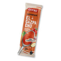 Orange GEFRO Verpackung für El Gazpacho Suppe, mit Löffel voll roter Suppe und Hinweis ohne Zuckerzusatz