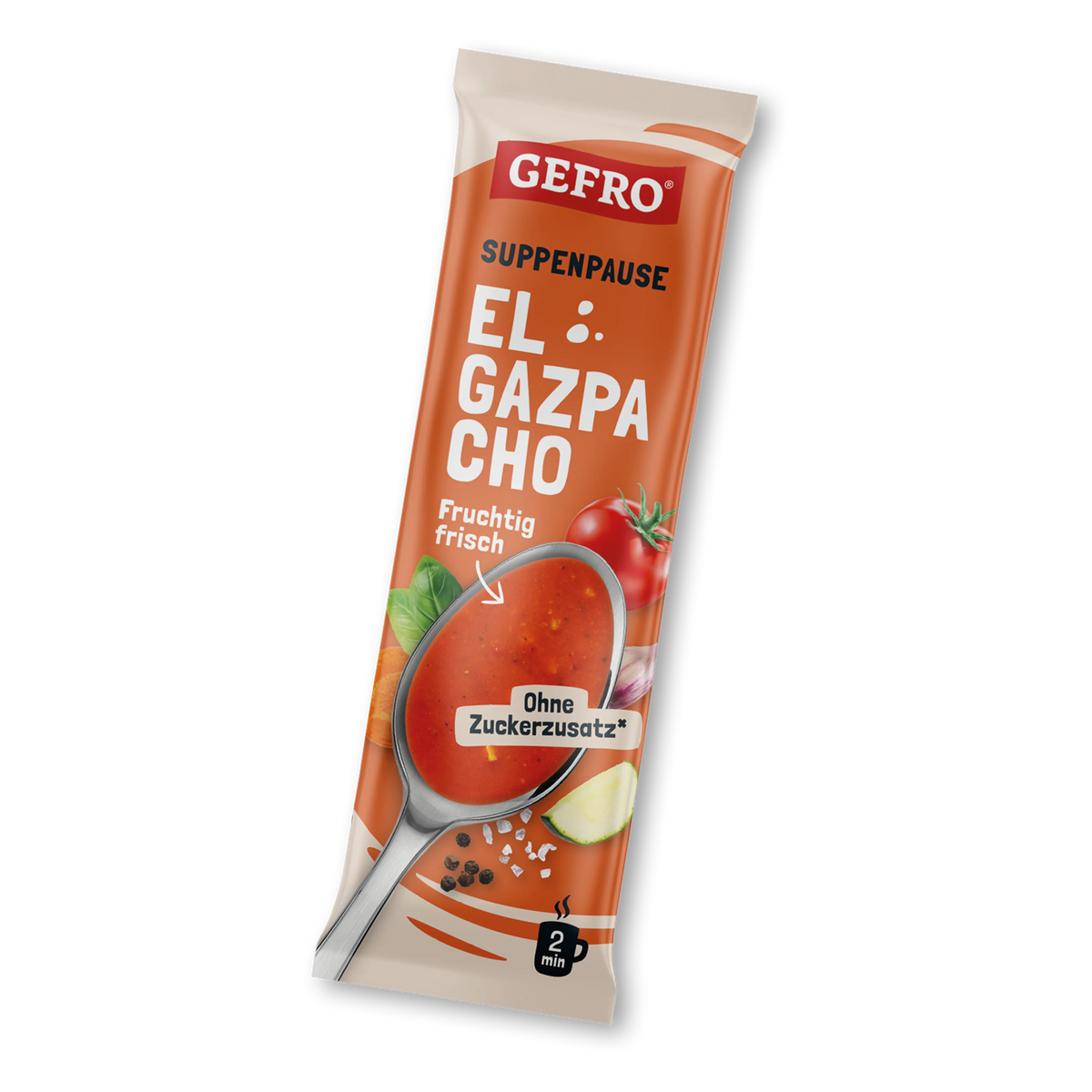 Orange GEFRO Verpackung für El Gazpacho Suppe, mit Löffel voll roter Suppe und Hinweis ohne Zuckerzusatz