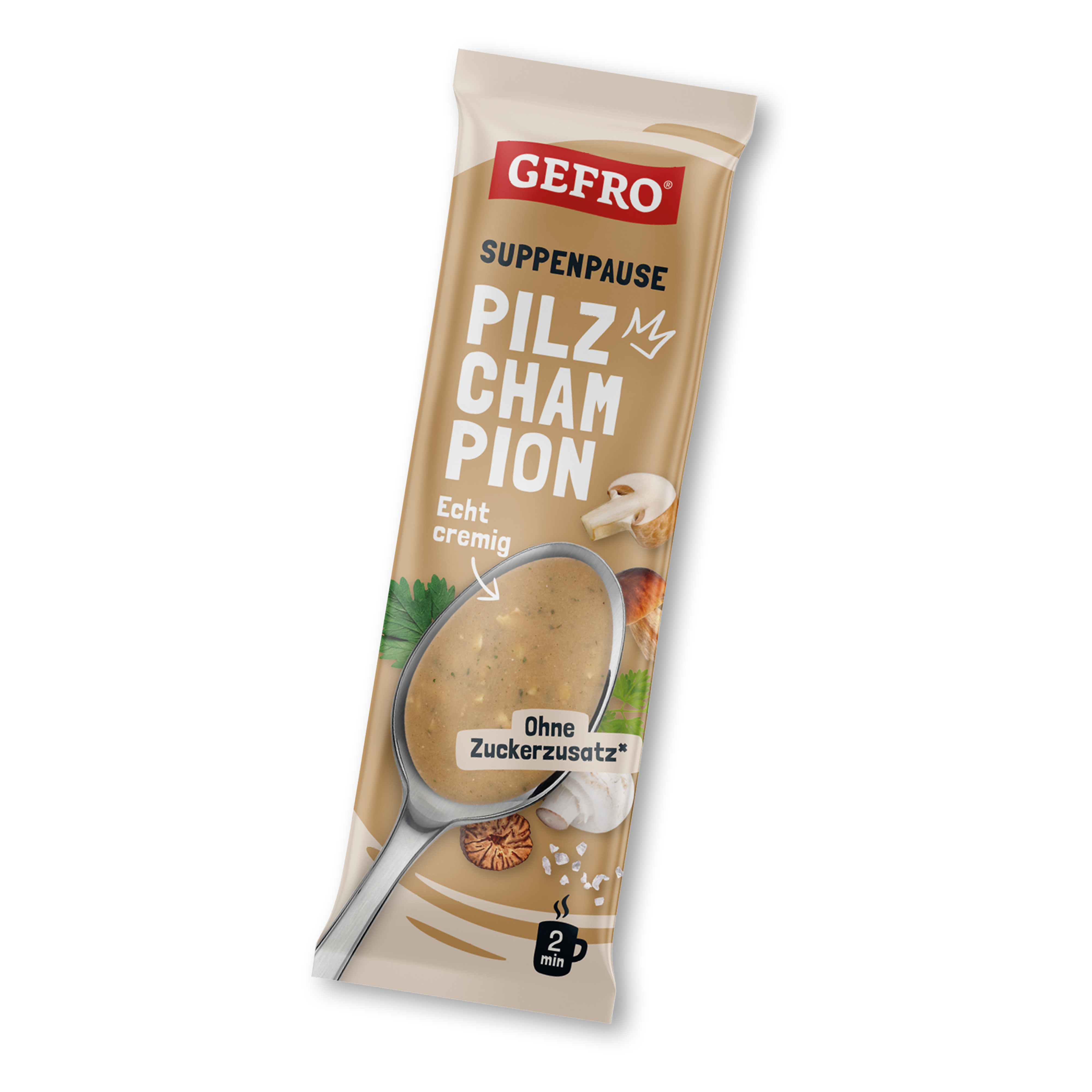 Beutel GEFRO Suppenpause Pilz-Champignon mit cremiger Suppe auf Löffel, ohne Zuckerzusatz, Zubereitung in 2 Minuten
