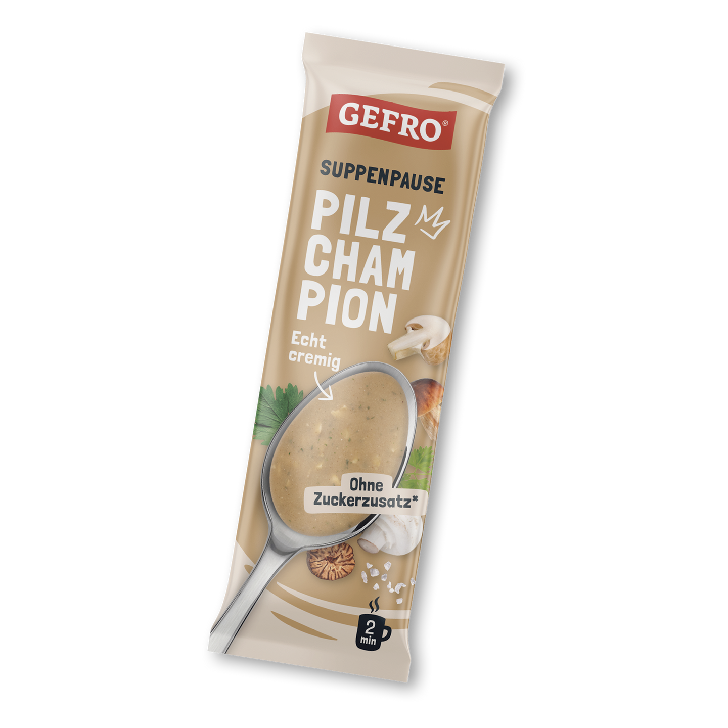 Beutel GEFRO Suppenpause Pilz Champignon, cremige Pilzsuppe ohne Zuckerzusatz, Zubereitungszeit 2 Minuten