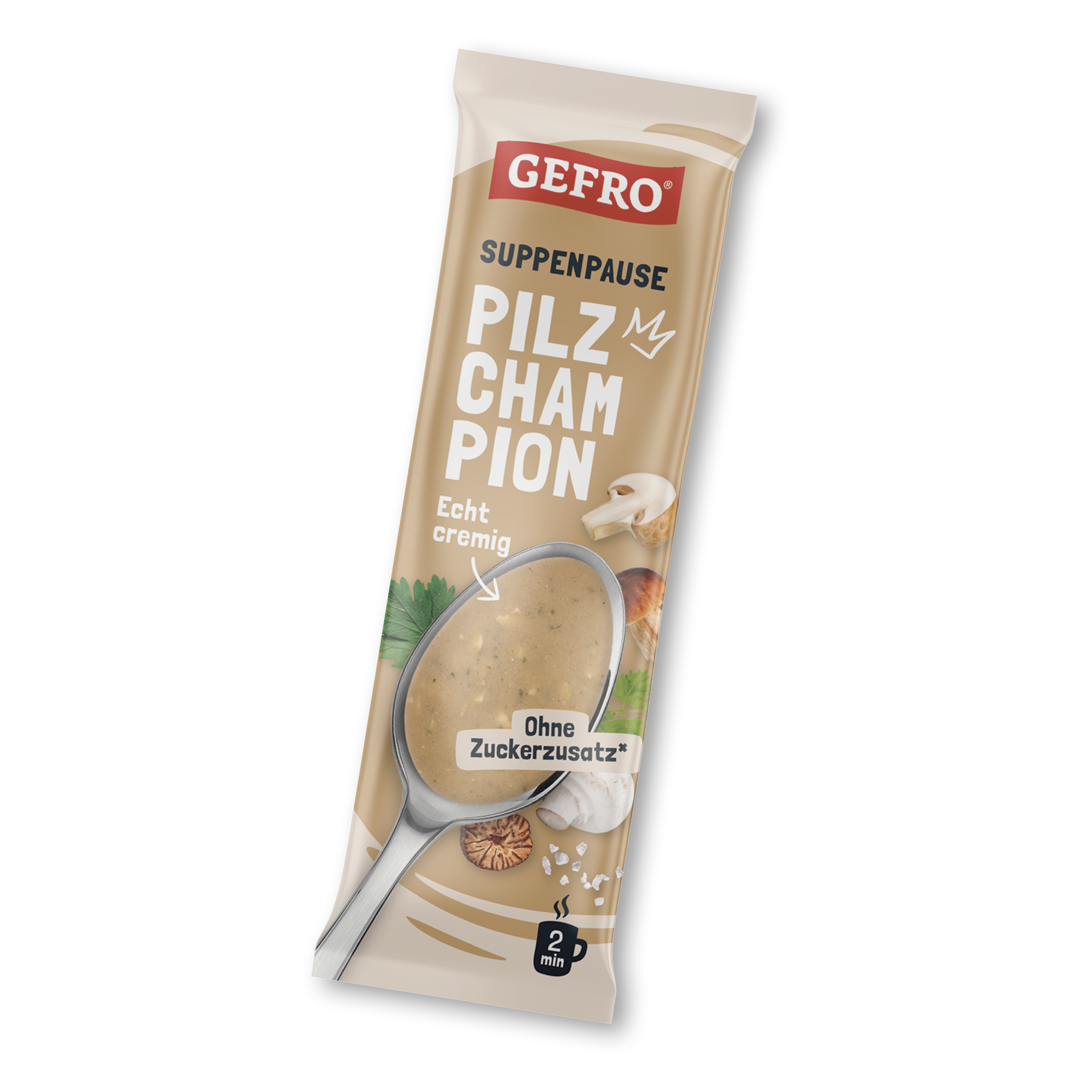Beutel GEFRO Suppenpause Pilz Champignon, cremige Pilzsuppe ohne Zuckerzusatz, Zubereitungszeit 2 Minuten
