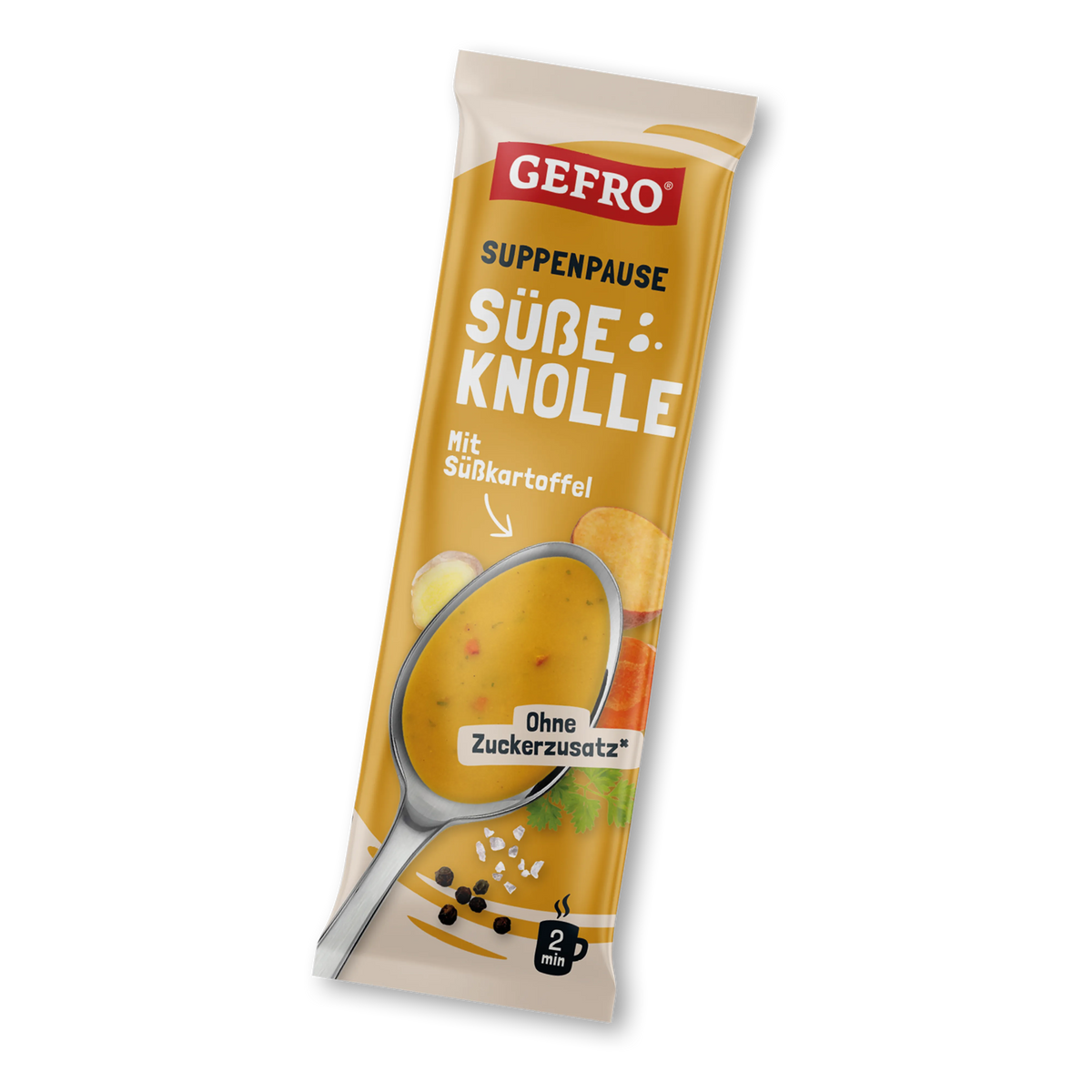 Gefro Suppenpause Süße Knolle mit Süßkartoffel, Portionsbeutel mit Löffelmotiv und Hinweis ohne Zuckerzusatz