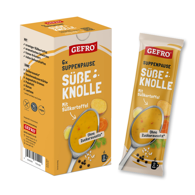 GEFRO Suppenpause Süße Knolle, Packung und Einzelbeutel mit Süßkartoffel-Suppe, ohne Zuckerzusatz dargestellt