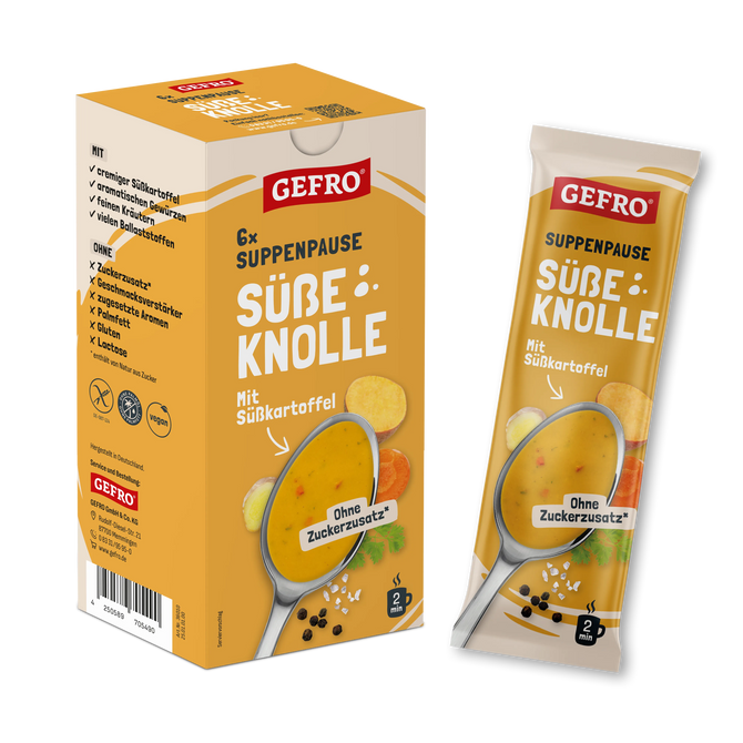 GEFRO Suppenpause Süße Knolle, Packung und Einzelbeutel mit Süßkartoffel-Suppe, ohne Zuckerzusatz dargestellt
