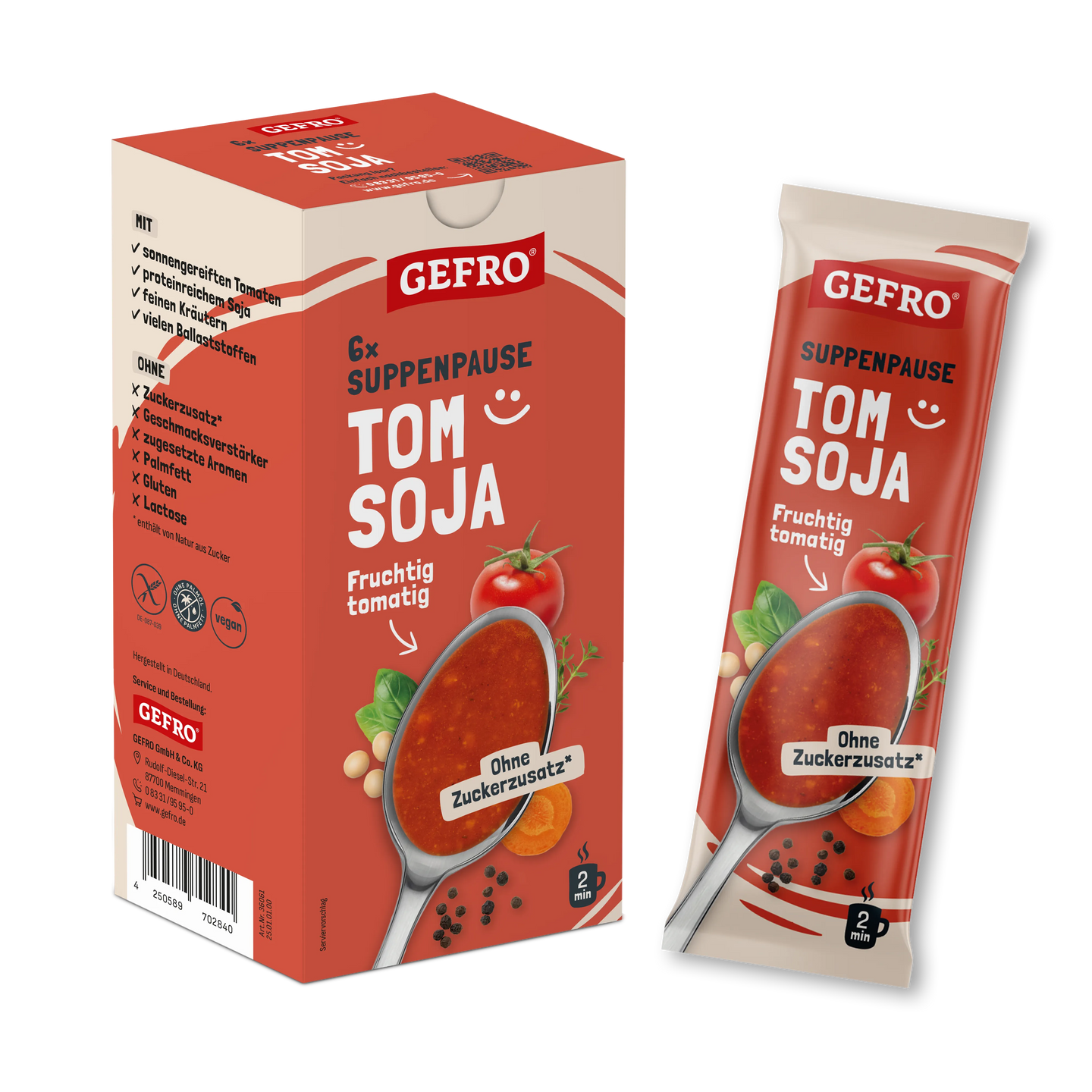 GEFRO Suppenpause Tom Soja als Packung mit Einzelbeutel, fruchtig-tomatige Suppe ohne Zuckerzusatz.