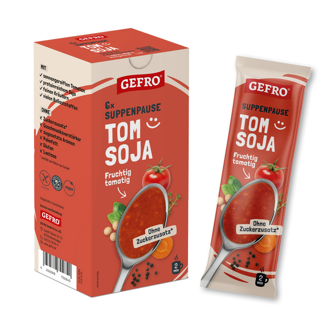 GEFRO Suppenpause Tom Soja als Packung mit Einzelbeutel, fruchtig-tomatige Suppe ohne Zuckerzusatz.