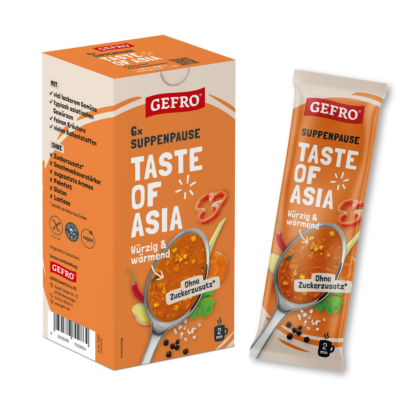 GEFRO Suppenpause Taste of Asia, Box mit 6 Beuteln, würzige Instant-Suppe ohne Zuckerzusatz, 2 Minuten Zubereitung