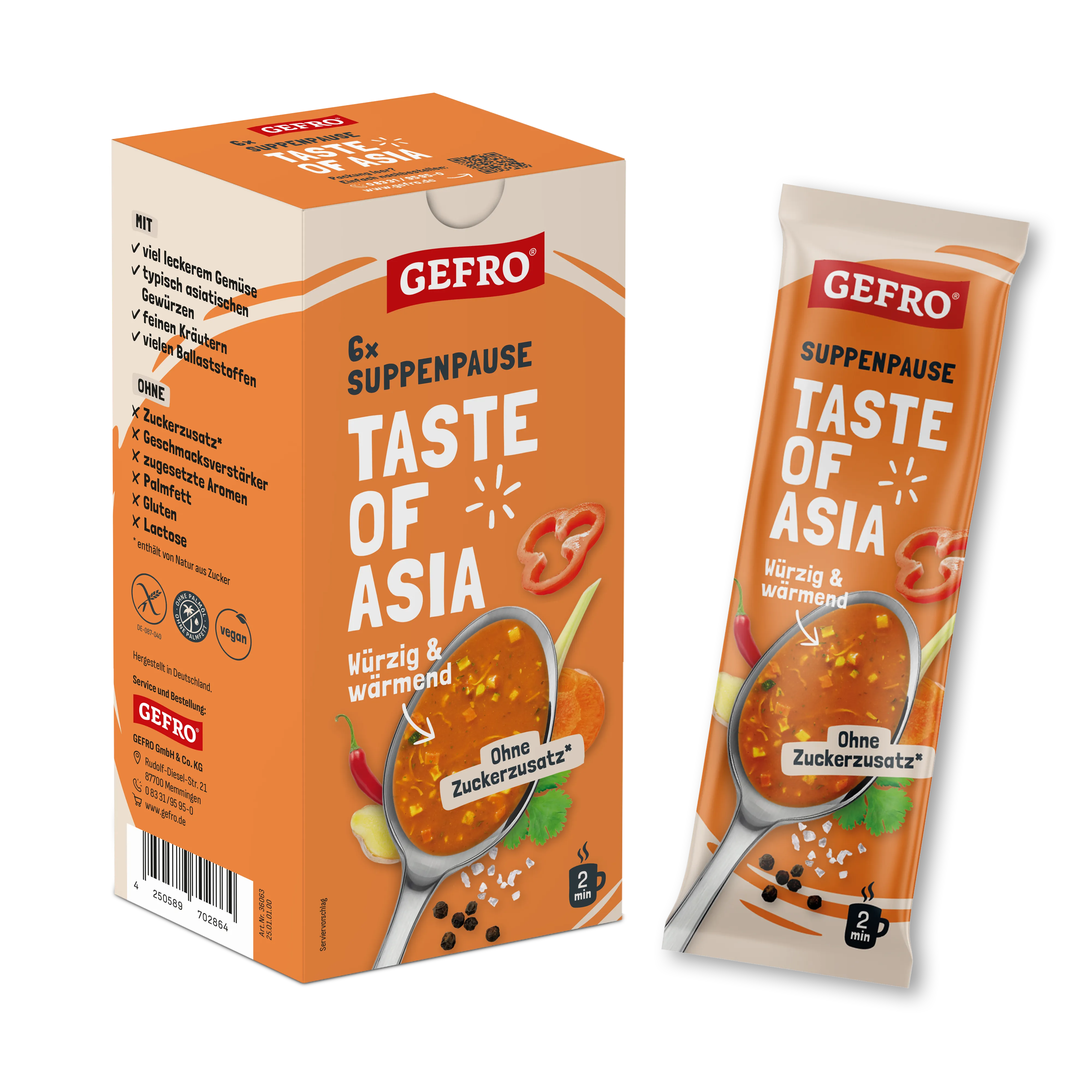 GEFRO Suppenpause Taste of Asia, Box mit 6 Beuteln, würzige Instant-Suppe ohne Zuckerzusatz, 2 Minuten Zubereitung
