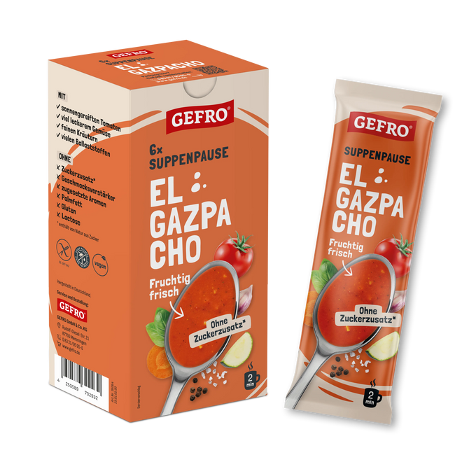 GEFRO Suppenpause El Gazpacho, 6 Portionen, fruchtig-frische Tomatensuppe ohne Zuckerzusatz im Portionsbeutel