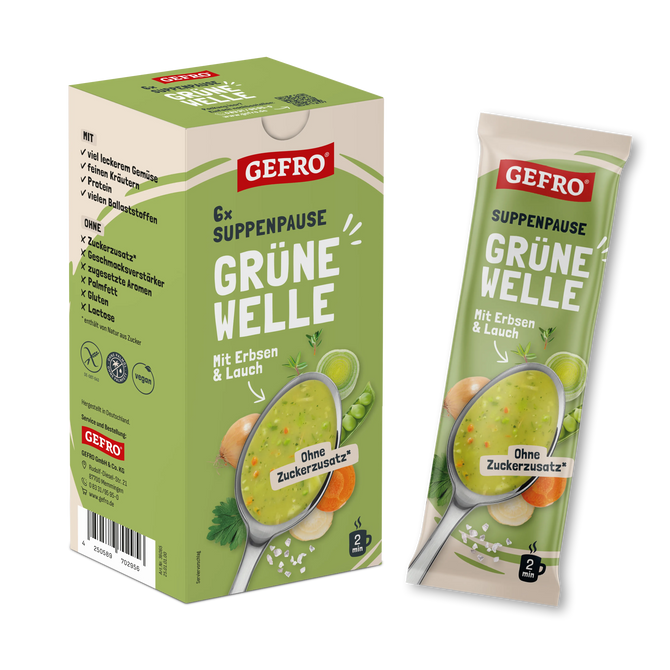 GEFRO Suppenpause Grüne Welle, Packung und Portionsbeutel mit Erbsen-Lauch-Suppe, ohne Zuckerzusatz