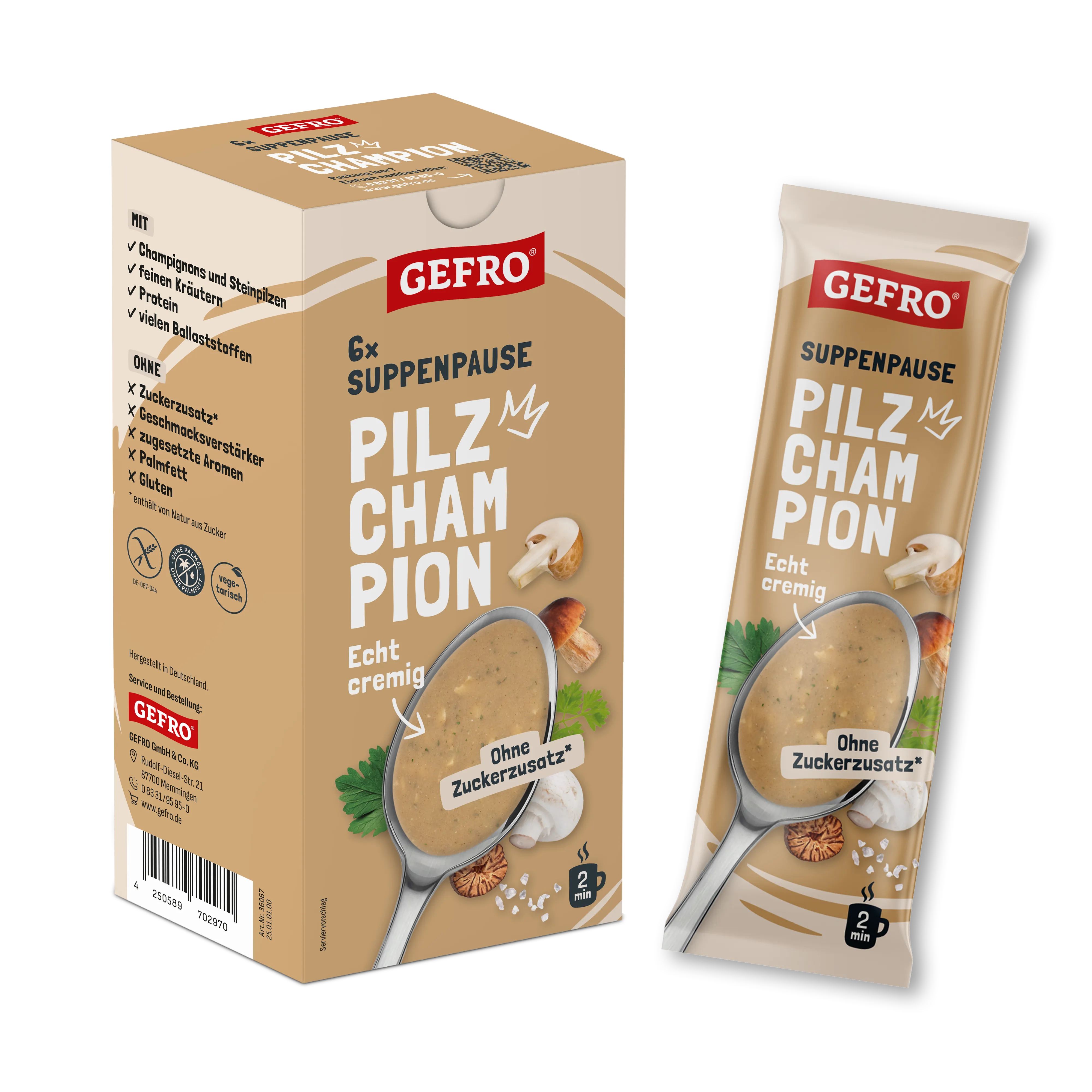 GEFRO Suppenpause Pilz Champignon, Packung mit 6 Portionen und einzelnem Beutel, cremige Pilzsuppe ohne Zuckerzusatz
