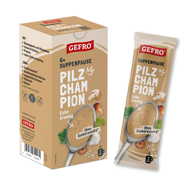GEFRO Suppenpause Pilz Champignon, Packung mit 6 Portionen und einzelnem Beutel, cremige Pilzsuppe ohne Zuckerzusatz