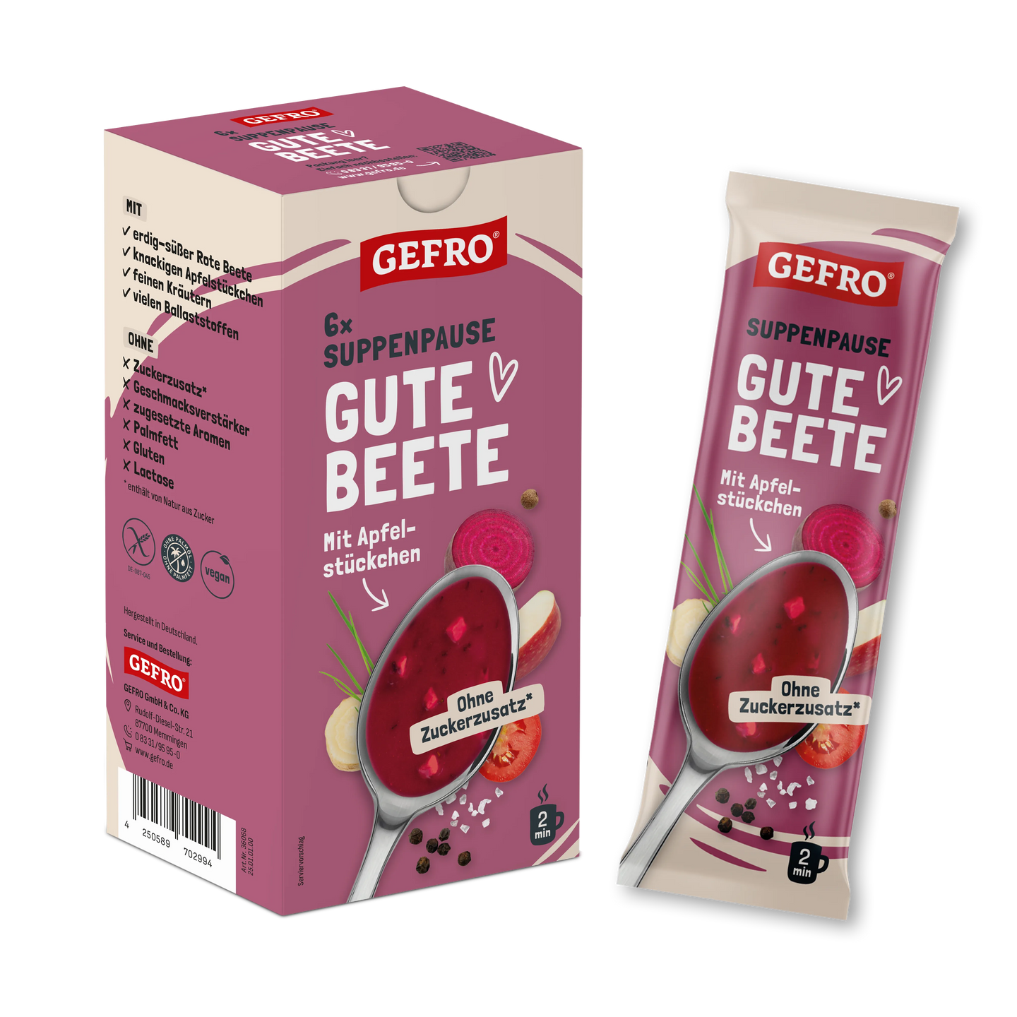 GEFRO Suppenpause Gute Beete, Packung mit 6 Beuteln Rote-Bete-Suppe mit Apfelstückchen, Vorderansicht
