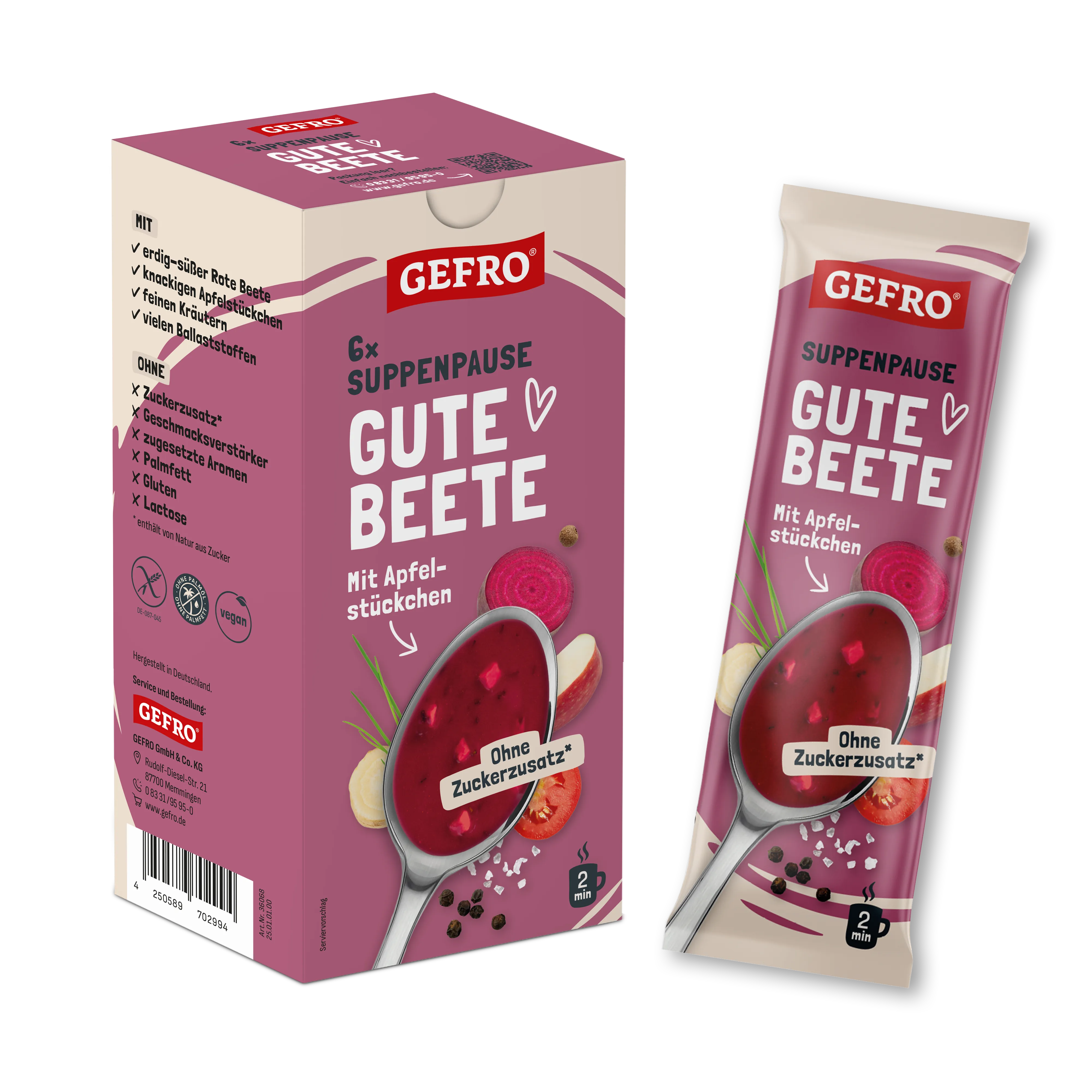 GEFRO Suppenpause Gute Beete, Packung mit 6 Beuteln Rote-Bete-Suppe mit Apfelstückchen, Vorderansicht