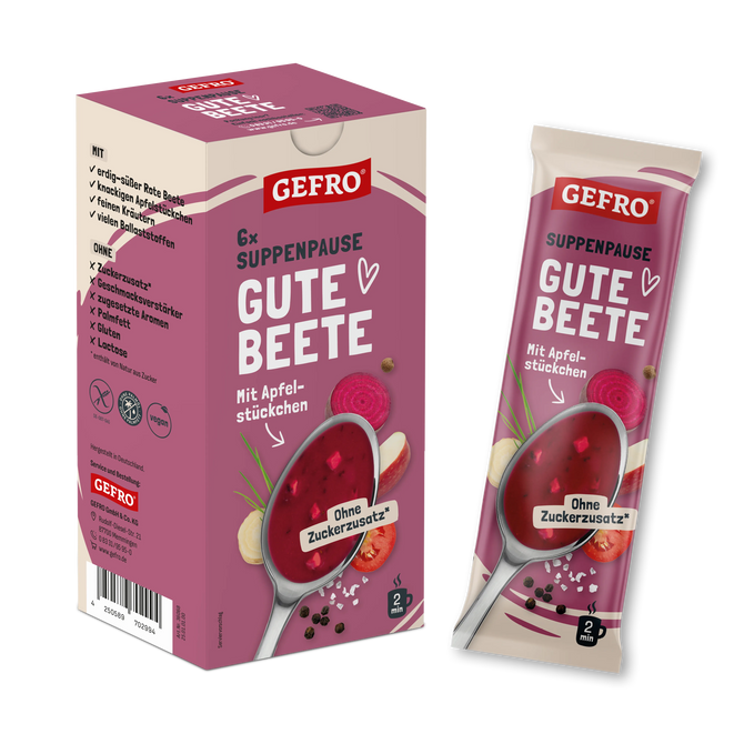 GEFRO Suppenpause Gute Beete, Packung mit 6 Beuteln Rote-Bete-Suppe mit Apfelstückchen, Vorderansicht