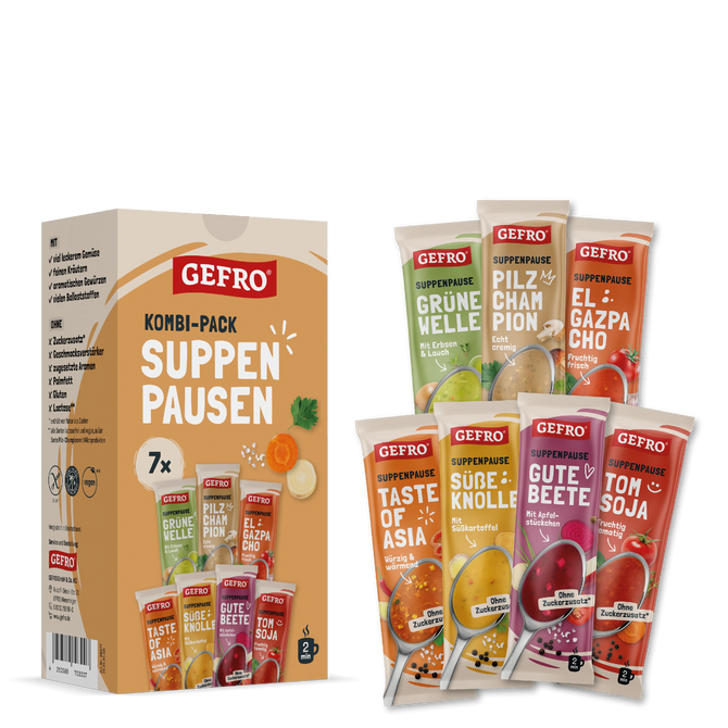 GEFRO Kombi-Pack Suppenpausen mit sieben Suppenbeuteln in verschiedenen Sorten, Box und Einzelpackungen im Überblick