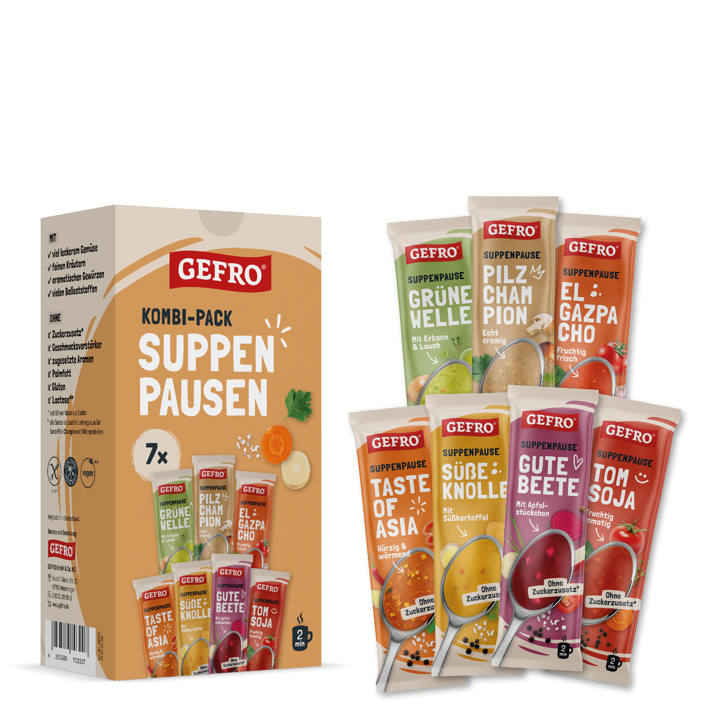 GEFRO Kombi-Pack Suppenpausen mit sieben verschiedenen Suppenbeuteln, Box und Einzelportionen im Überblick