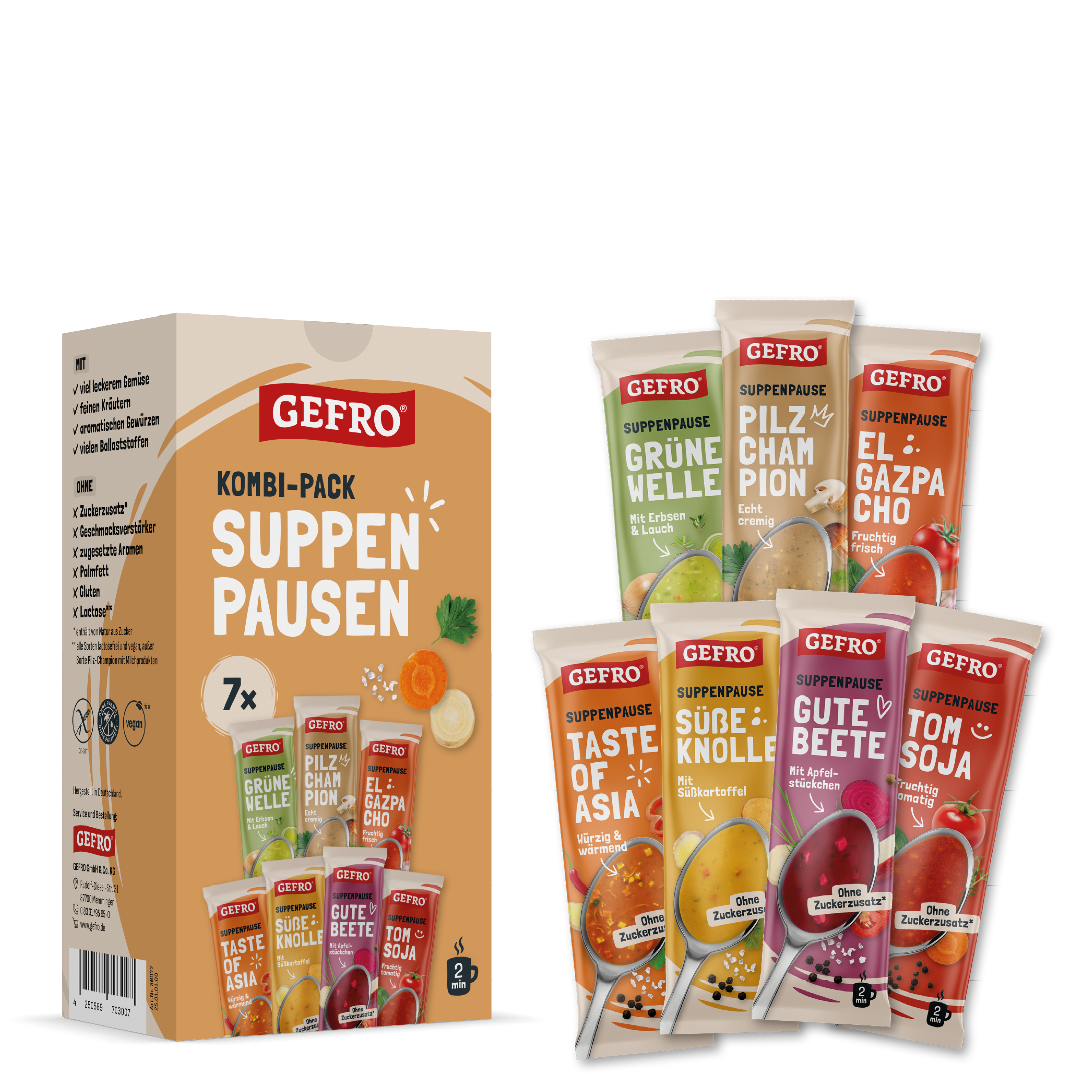 GEFRO Kombi-Pack Suppenpausen mit sieben verschiedenen Suppenbeuteln, Box und Einzelportionen im Überblick
