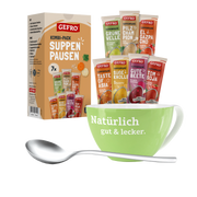 GEFRO Kombi-Pack Suppenpausen mit sieben Suppenbeuteln, grüner Tasse und Löffel als Produktset präsentiert