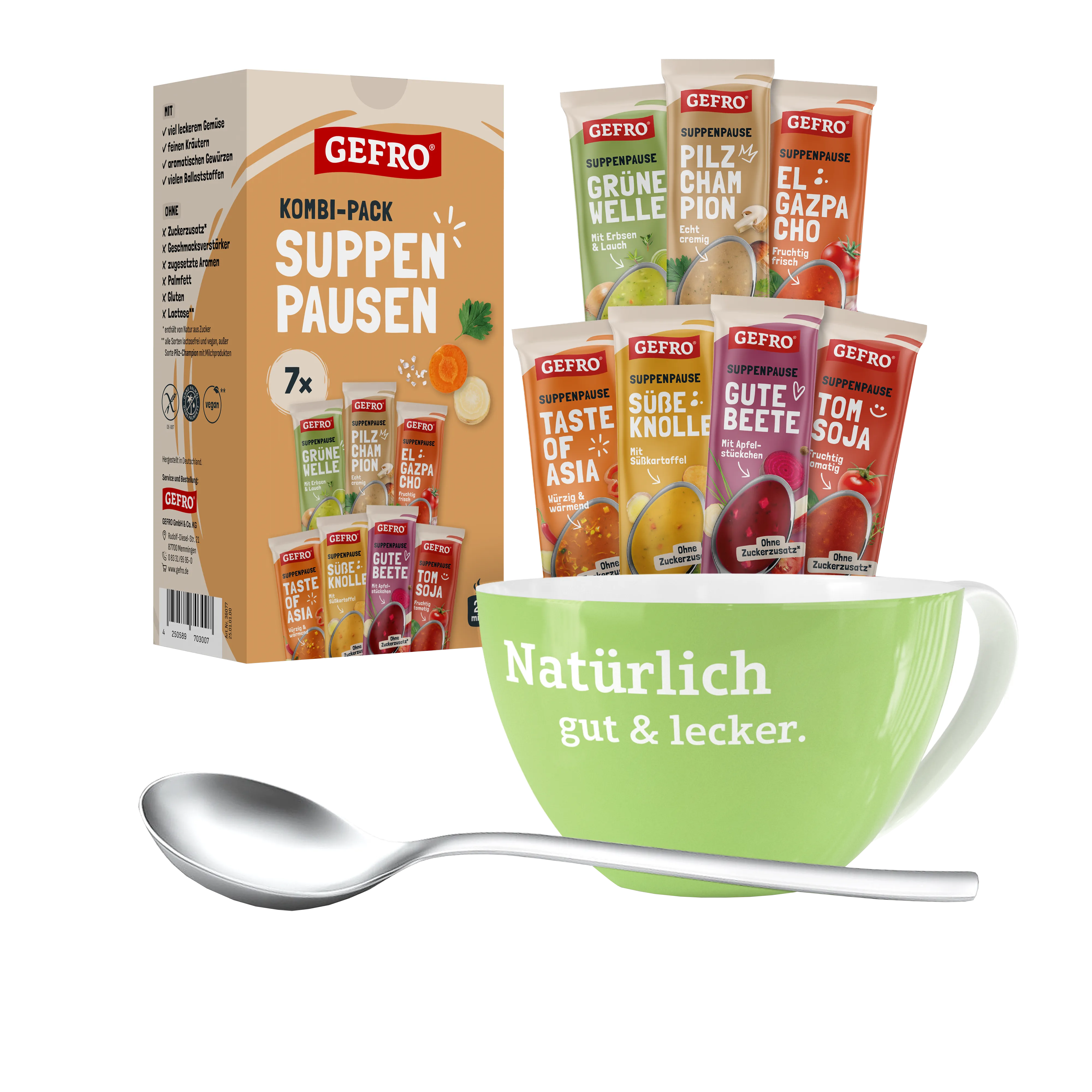 GEFRO Kombi-Pack Suppenpausen mit sieben Suppenbeuteln, grüner Tasse und Löffel als Produktset präsentiert
