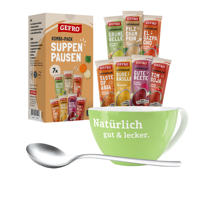 GEFRO Kombi-Pack Suppenpausen mit sieben Suppenbeuteln, grüner Tasse und Löffel als Produktset präsentiert