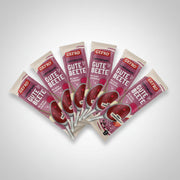 Sechs Verpackungen der GEFRO „Suppenpause Gute Beete“ sind fächerförmig auf hellem Hintergrund angeordnet. Die pink gestalteten Packungen zeigen eine rote Beete-Suppe mit Zutatenabbildungen und den Hinweis auf verschiedene Geschmacksvarianten.